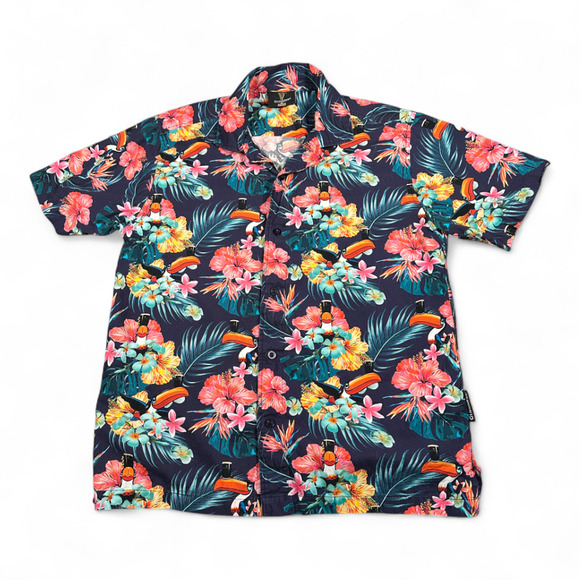 Guinness Hawaiian Shirt Adult MEDIUM Blue Toucan Floral Hibiscus Beer Camp - Picture 1 of 10